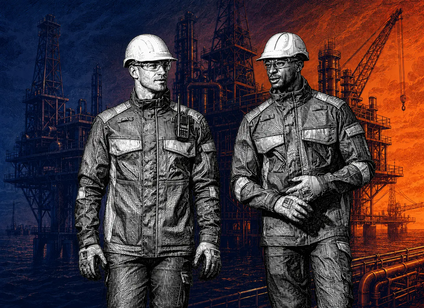 Safety professionals in protective workwear at an offshore oil and gas facility